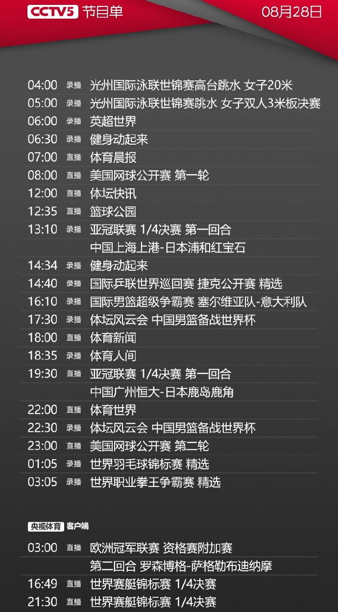 中央台CCTV-5节目表概览